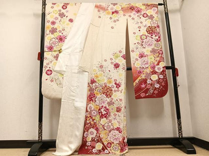 平和屋着物●豪華振袖　刺繍　花蝶文　銀彩　銀通し地　正絹　逸品　AABH8306ph