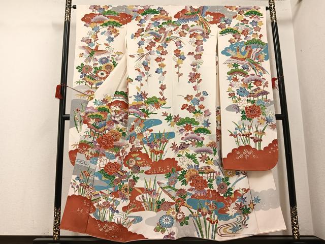 平和屋着物●豪華振袖　型染め　流水風景草花文　正絹　逸品　AABH8311ph