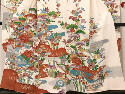 平和屋着物●豪華振袖　型染め　流水風景草花文　正絹　逸品　AABH8311ph