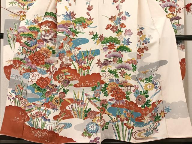 平和屋着物●豪華振袖　型染め　流水風景草花文　正絹　逸品　AABH8311ph