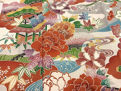平和屋着物●豪華振袖　型染め　流水風景草花文　正絹　逸品　AABH8311ph