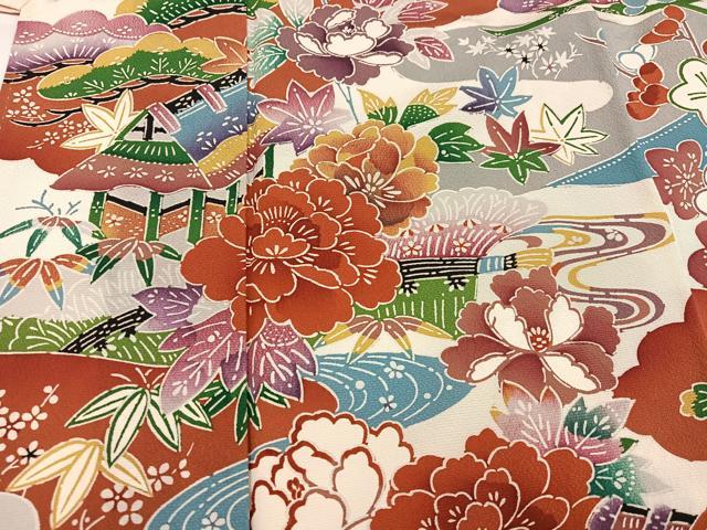 平和屋着物●豪華振袖　型染め　流水風景草花文　正絹　逸品　AABH8311ph