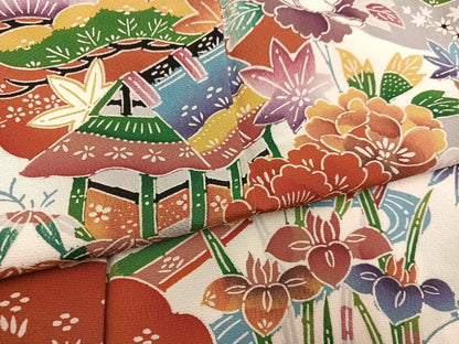 平和屋着物●豪華振袖　型染め　流水風景草花文　正絹　逸品　AABH8311ph