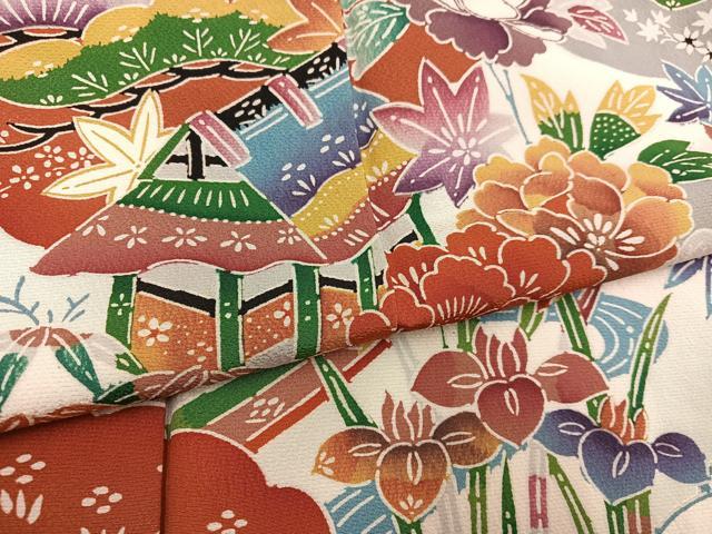 平和屋着物●豪華振袖　型染め　流水風景草花文　正絹　逸品　AABH8311ph