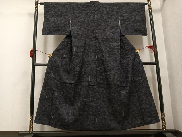 平和屋着物●本場結城紬　重要無形文化財　100亀甲　風景草花文　三越扱い　正絹　逸品　AABH8314ph