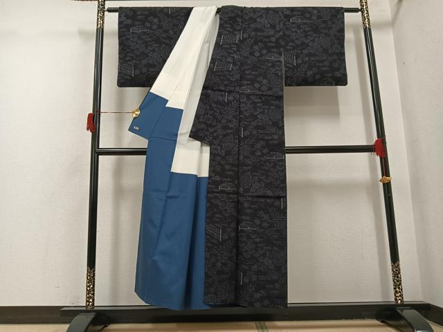 平和屋着物●本場結城紬　重要無形文化財　100亀甲　風景草花文　三越扱い　正絹　逸品　AABH8314ph