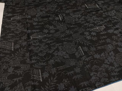 平和屋着物●本場結城紬　重要無形文化財　100亀甲　風景草花文　三越扱い　正絹　逸品　AABH8314ph