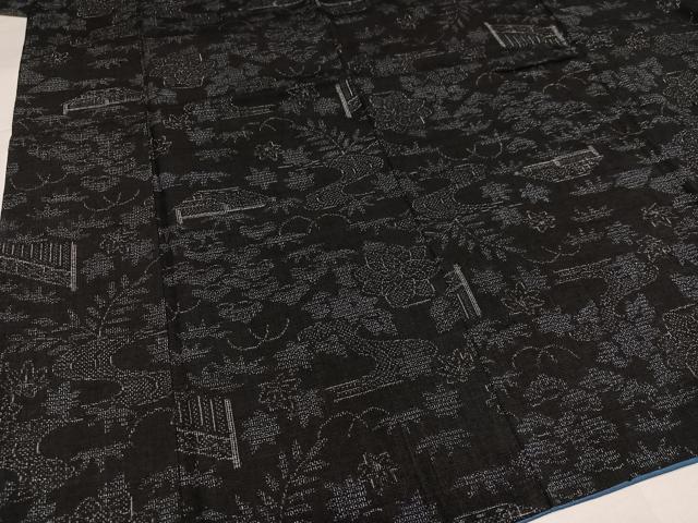 平和屋着物●本場結城紬　重要無形文化財　100亀甲　風景草花文　三越扱い　正絹　逸品　AABH8314ph