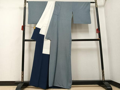 平和屋着物●江戸小紋　万筋　高麗納戸色×灰黄緑色　正絹　逸品　AABH8329ph