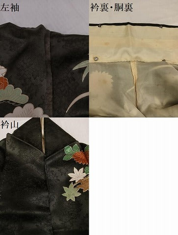 平和屋着物●豪華振袖　駒刺繍　風景草花文　黒地　金彩　正絹　逸品　AABH8332ph