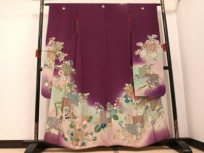 平和屋本店●アンティーク　大正ロマン　振袖　草花文　暈し染め　正絹　逸品　AABH8334ph