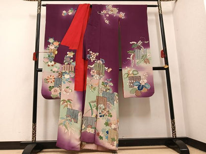 平和屋本店●アンティーク　大正ロマン　振袖　草花文　暈し染め　正絹　逸品　AABH8334ph