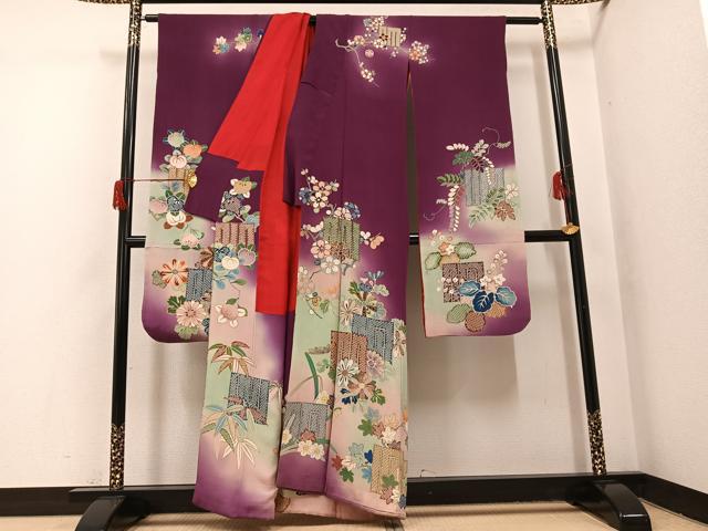 平和屋本店●アンティーク　大正ロマン　振袖　草花文　暈し染め　正絹　逸品　AABH8334ph