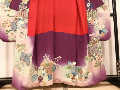 平和屋本店●アンティーク　大正ロマン　振袖　草花文　暈し染め　正絹　逸品　AABH8334ph