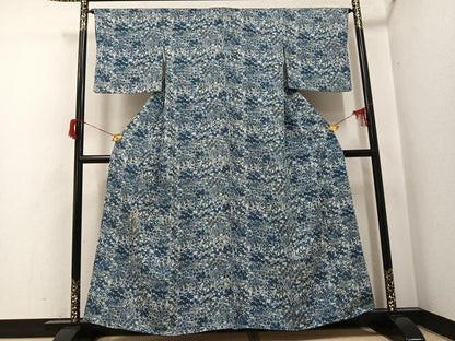 平和屋着物●上質な小紋　本藍　型染め　草花文　三越扱い　正絹　逸品　AABH8341ph