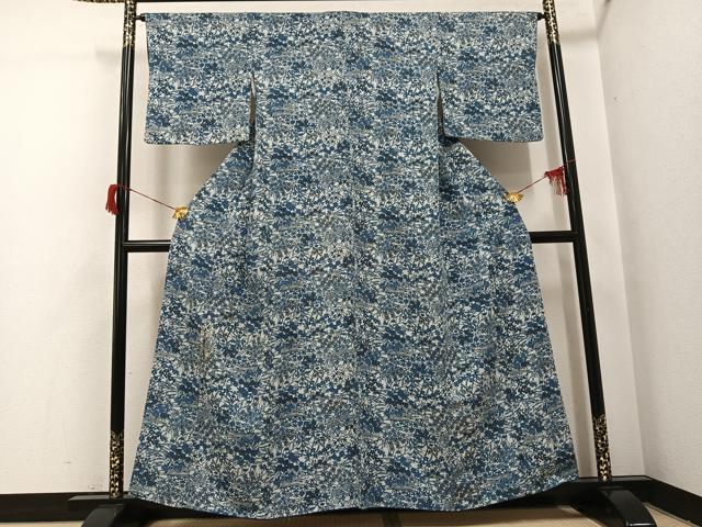 平和屋着物●上質な小紋　本藍　型染め　草花文　三越扱い　正絹　逸品　AABH8341ph