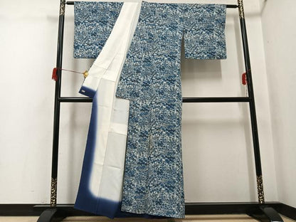平和屋着物●上質な小紋　本藍　型染め　草花文　三越扱い　正絹　逸品　AABH8341ph
