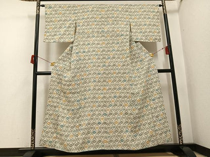 平和屋着物●上質な小紋　型染め　丁字　立涌花文　鬼しぼ縮緬　三越扱い　正絹　逸品　AABH8343ph