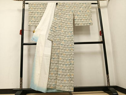 平和屋着物●上質な小紋　型染め　丁字　立涌花文　鬼しぼ縮緬　三越扱い　正絹　逸品　AABH8343ph