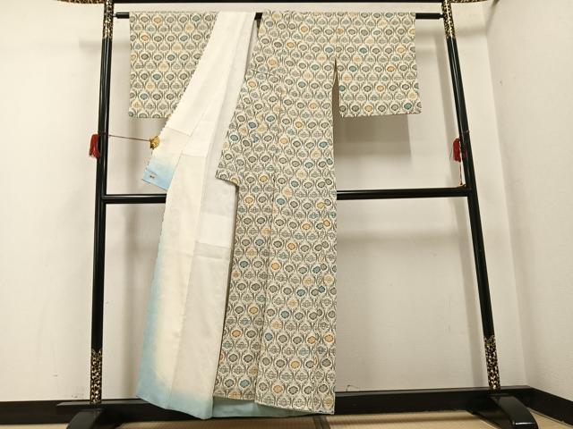 平和屋着物●上質な小紋　型染め　丁字　立涌花文　鬼しぼ縮緬　三越扱い　正絹　逸品　AABH8343ph