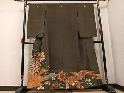 平和屋着物●アンティーク　大正ロマン　黒留袖　源氏車地紙雪輪鳳凰宝尽くし　金彩　正絹　逸品　AABH8388ph