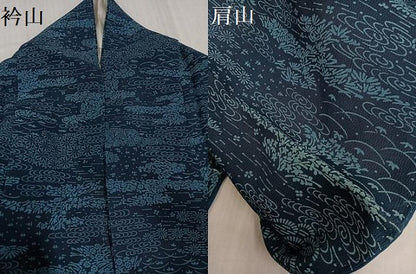 平和屋着物●阿波藍染　阿波友禅　徳島県無形文化財保持者　香川卓美　小紋　草花文　反端付き　正絹　逸品　AABH8392ph