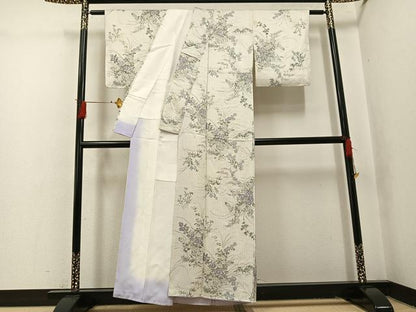 平和屋着物●上質な小紋　お召地　手描き　草花文　正絹　逸品　AABH8394ph