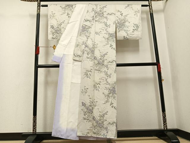 平和屋着物●上質な小紋　お召地　手描き　草花文　正絹　逸品　AABH8394ph