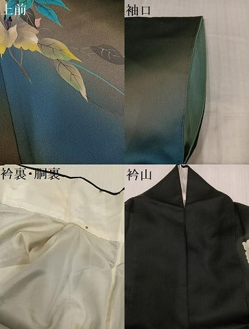 平和屋着物●訪問着　手描き　草花文　暈し染め　黒地　正絹　逸品　AABH8396ph