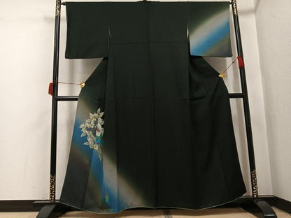 平和屋着物●訪問着　手描き　草花文　暈し染め　黒地　正絹　逸品　AABH8396ph