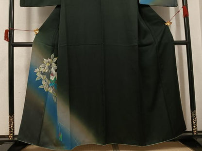 平和屋着物●訪問着　手描き　草花文　暈し染め　黒地　正絹　逸品　AABH8396ph
