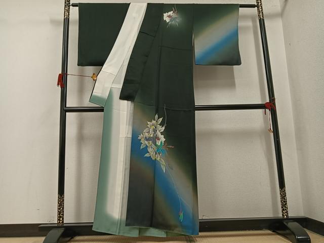 平和屋着物●訪問着　手描き　草花文　暈し染め　黒地　正絹　逸品　AABH8396ph