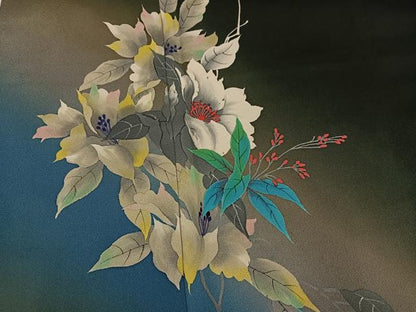 平和屋着物●訪問着　手描き　草花文　暈し染め　黒地　正絹　逸品　AABH8396ph