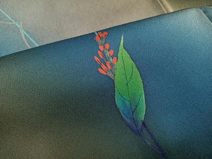 平和屋着物●訪問着　手描き　草花文　暈し染め　黒地　正絹　逸品　AABH8396ph