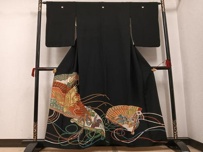 平和屋着物●アンティーク　大正ロマン　黒留袖　駒刺繍　檜扇飛鶴花宝尽くし　金彩　正絹　逸品　AABH8398ph