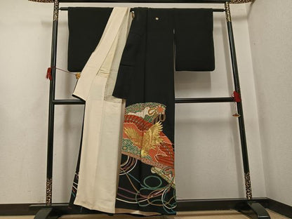 平和屋着物●アンティーク　大正ロマン　黒留袖　駒刺繍　檜扇飛鶴花宝尽くし　金彩　正絹　逸品　AABH8398ph