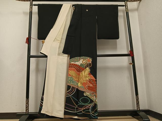 平和屋着物●アンティーク　大正ロマン　黒留袖　駒刺繍　檜扇飛鶴花宝尽くし　金彩　正絹　逸品　AABH8398ph