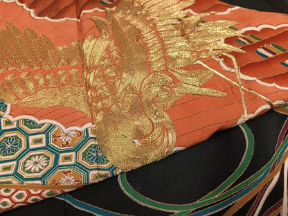 平和屋着物●アンティーク　大正ロマン　黒留袖　駒刺繍　檜扇飛鶴花宝尽くし　金彩　正絹　逸品　AABH8398ph
