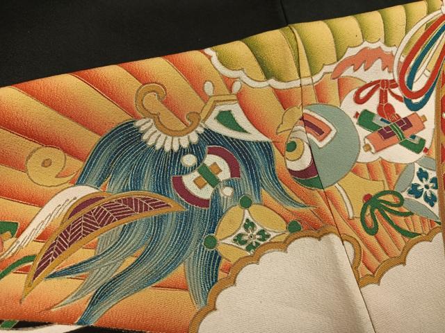 平和屋着物●アンティーク　大正ロマン　黒留袖　駒刺繍　檜扇飛鶴花宝尽くし　金彩　正絹　逸品　AABH8398ph