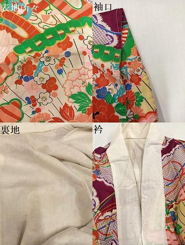 平和屋着物●アンティーク　大正ロマン　長襦袢　袷　檜扇草花文　正絹　逸品　AABH8399ph
