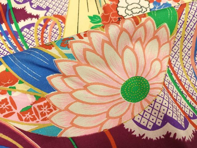 平和屋着物●アンティーク　大正ロマン　長襦袢　袷　檜扇草花文　正絹　逸品　AABH8399ph