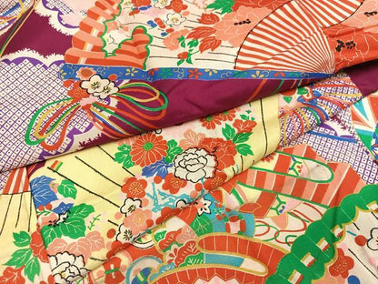 平和屋着物●アンティーク　大正ロマン　長襦袢　袷　檜扇草花文　正絹　逸品　AABH8399ph