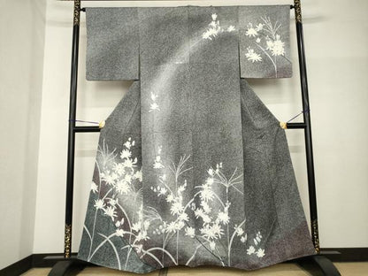 平和屋着物●訪問着　菊　たたき染め　黒地　正絹　逸品　AABH8404ck
