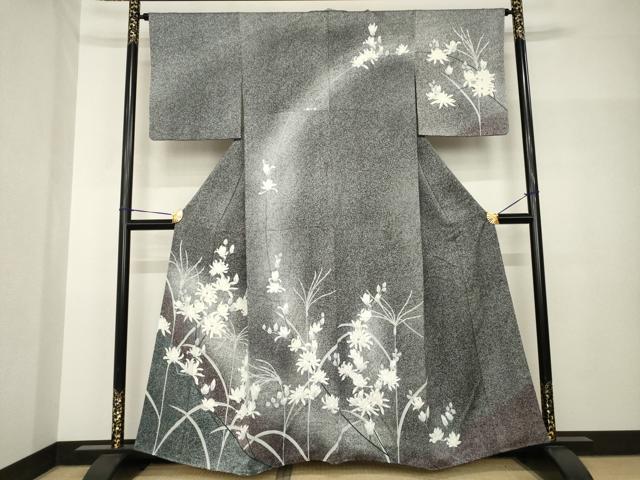 平和屋着物●訪問着　菊　たたき染め　黒地　正絹　逸品　AABH8404ck
