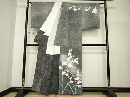 平和屋着物●訪問着　菊　たたき染め　黒地　正絹　逸品　AABH8404ck