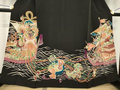 平和屋着物●アンティーク　大正ロマン　黒留袖　宝船　金彩　正絹　逸品　AABH8406ck