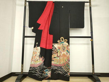平和屋着物●アンティーク　大正ロマン　黒留袖　宝船　金彩　正絹　逸品　AABH8406ck