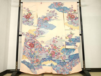 平和屋着物●豪華振袖　型染め　流水風景花文　正絹　逸品　AABH8408ck