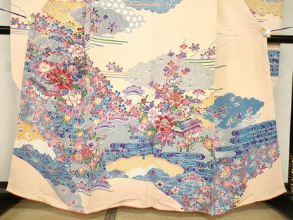平和屋着物●豪華振袖　型染め　流水風景花文　正絹　逸品　AABH8408ck