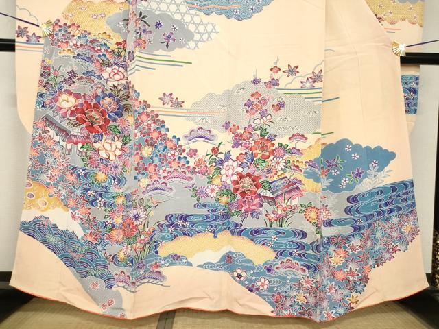 平和屋着物●豪華振袖　型染め　流水風景花文　正絹　逸品　AABH8408ck